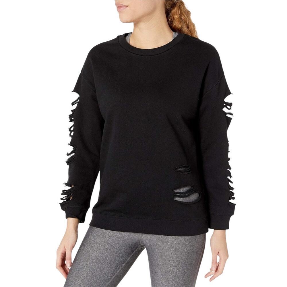 Alo Yoga Black Womens Oversized Distressed Sweatshirt Pullover‎ Sz Med